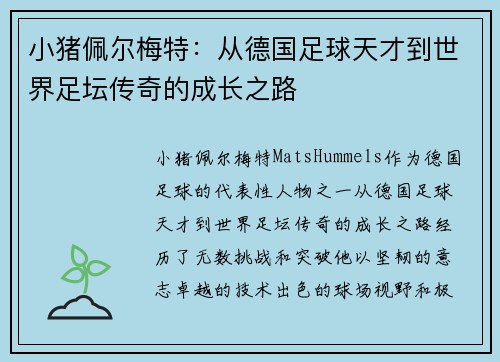 小猪佩尔梅特：从德国足球天才到世界足坛传奇的成长之路